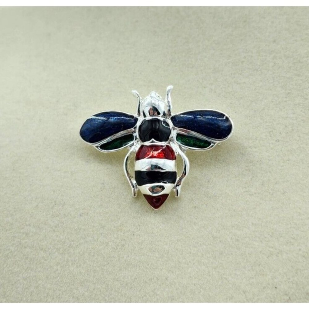 Vintage Honey Bee Brooch Pin Silver‎ Tone Multicolor Enamel Bug 1.25"